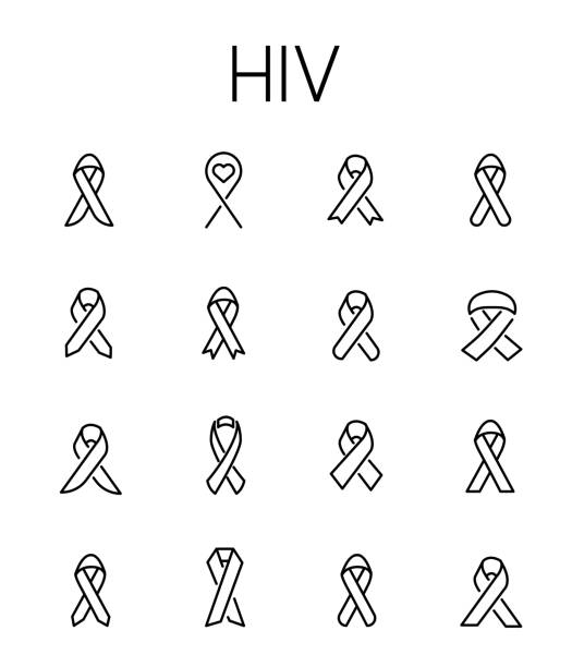 illustrazioni stock, clip art, cartoni animati e icone di tendenza di set di icone vettoriali correlate all'hiv. - aids awareness ribbon ribbon bow cut out