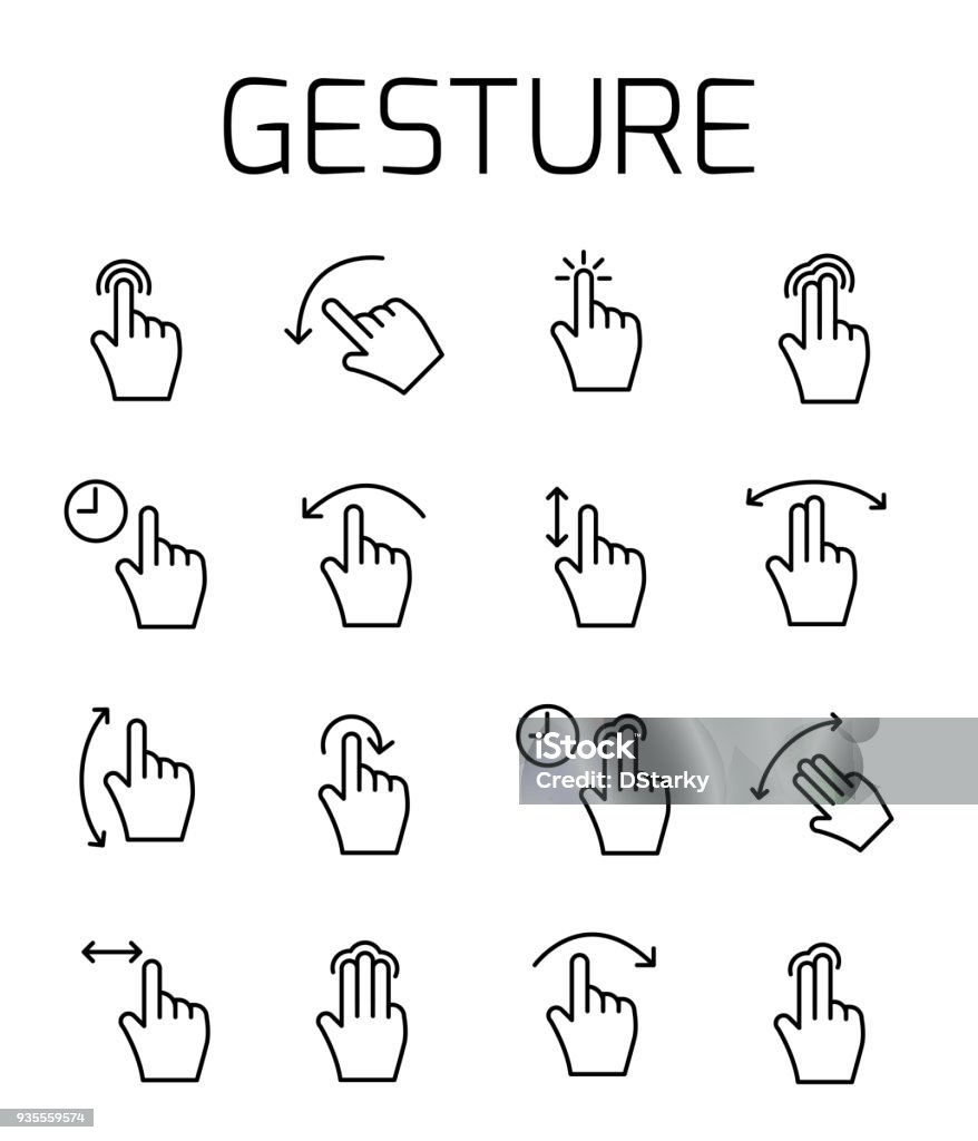 Gesture related vector icon set Gesture related vector icon set. Well-crafted sign in thin line style with editable stroke. Vector symbols isolated on a white background. Simple pictograms. Activity stock vector