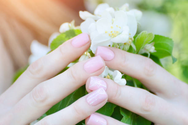 istock Female hands with apple tree flowers, manicure. Close up 935559634