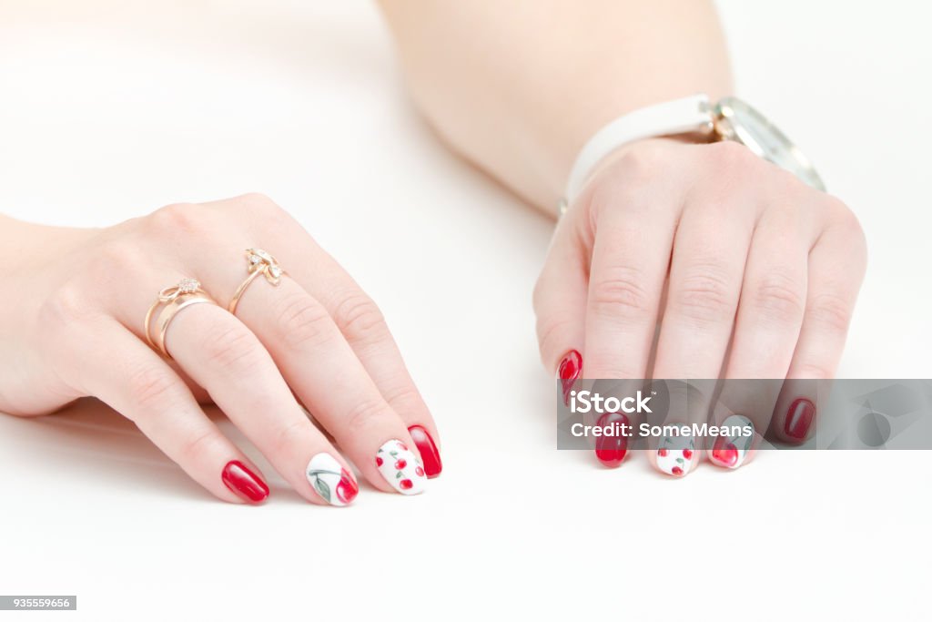 Female Hands With Manicure Red Nail Polish Drawing With Cherries White  Background Stock Photo - Download Image Now - iStock