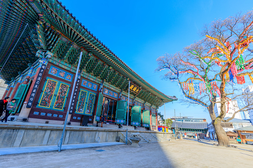 Seoul, South Korea - March 6, 2018 : Jogyesa temple, which is the chief temple of the Jogye Order of Korean Buddhism