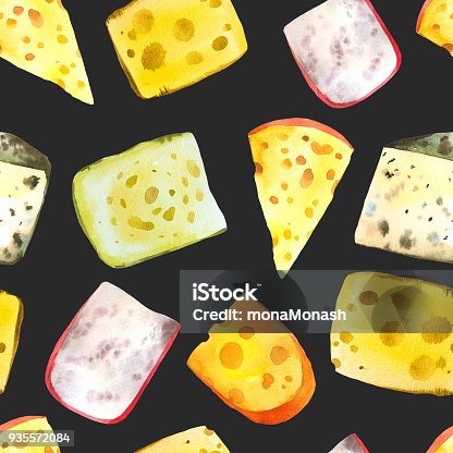 istock Seamless watercolor background with different noble cheeses: camembert, gouda, parmesan, blue, edammer, maasdam, brie, roquefort. Snack bar. Farm dairy illustrations. Fresh organic food 935572084