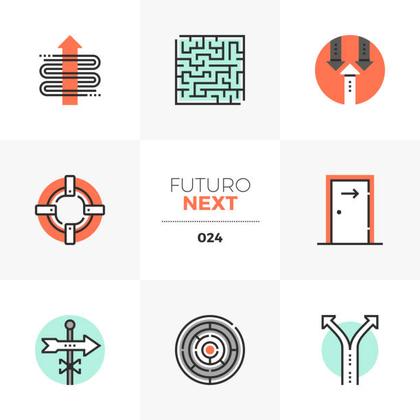 Business Concepts Futuro Next Icons Semi-flat icons set of business concepts of moving forward. Unique color flat graphics elements with stroke lines. Premium quality vector pictogram concept for web, icon, branding, infographics. business risk stock illustrations