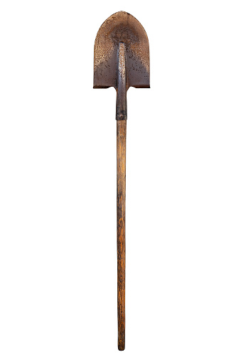 the image rusty old shovel with a wooden handle on a white background