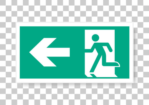 illustrazioni stock, clip art, cartoni animati e icone di tendenza di direzione di fuga di emergenza - fire exit sign
