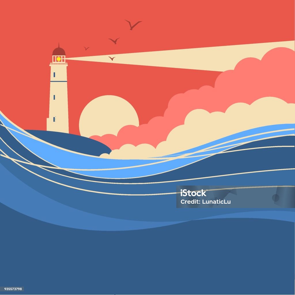 Sea waves with lighthouse.Vector nature poster of seascape Sea waves with lighthouse.Vector nature poster of seascape for text Lighthouse stock vector