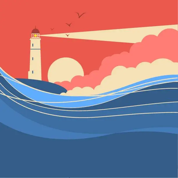 Vector illustration of Sea waves with lighthouse.Vector nature poster of seascape