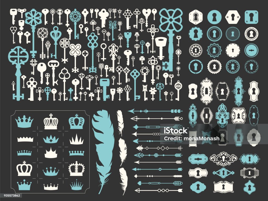 Vector illustration with design illustrations for decoration. Big silhouettes set of keys, locks, crown, illustrations, arrows, feathers on black background. Vintage style Vector illustration with design illustrations for decoration. Big silhouettes set of keys, locks, crown, illustrations, arrows, feathers on black background. Vintage style. Key stock vector