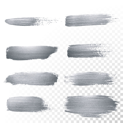 Silver glitter paint brush strokes set or abstract dab smear with smudge texture on transparent background. Vector isolated set of glittering silver paint ink splash for luxury cosmetic design