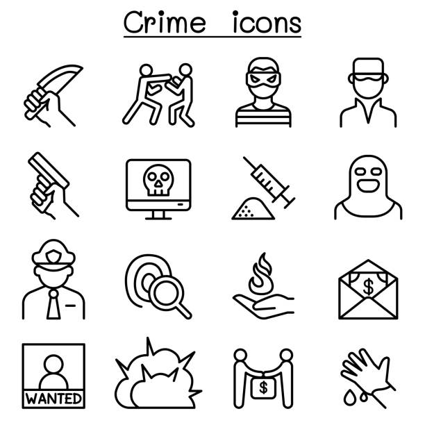 ilustraciones, imágenes clip art, dibujos animados e iconos de stock de icono de crimen en estilo de línea fina - computer icon symbol knife terrorism