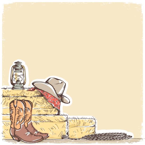 kowbojskie tło z zachodnimi butami i zachodnim kapeluszem. - cowboy hat texas cowboy usa stock illustrations