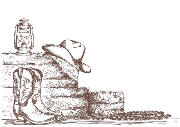 strony zwrócić kowbojskie tło z zachodnich butów i kapelusz zachód w ranczo. - wild west boot shoe cowboy stock illustrations