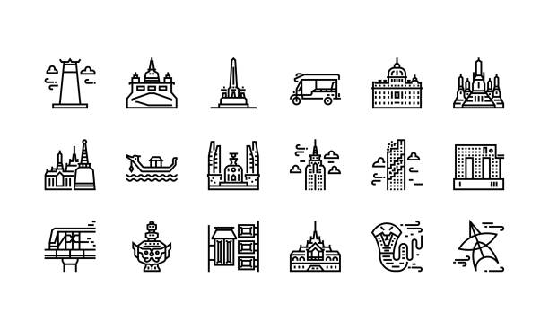 Bangkok symbols and landmarks icon set 1 Bangkok symbols and landmarks icon set 1 wat arun stock illustrations