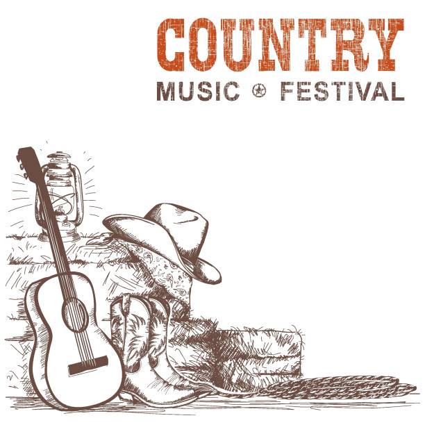ilustrações de stock, clip art, desenhos animados e ícones de country music background with guitar and american cowboy shoes and western hat - country and western music illustrations