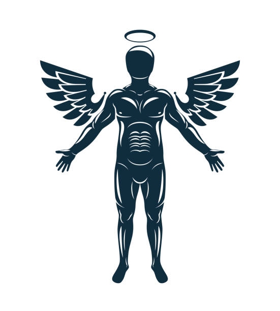 ilustrações de stock, clip art, desenhos animados e ícones de vector graphic illustration of muscular human made using angelic bird wings and halo. guardian angel. - areola