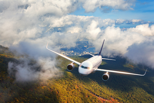 Aerial view of aircraft. Airplane is flying in clouds over mountains with forest at sunset. Landscape with passenger airplane, cloudy sky, trees. Passenger aircraft. Business travel. Commercial plane