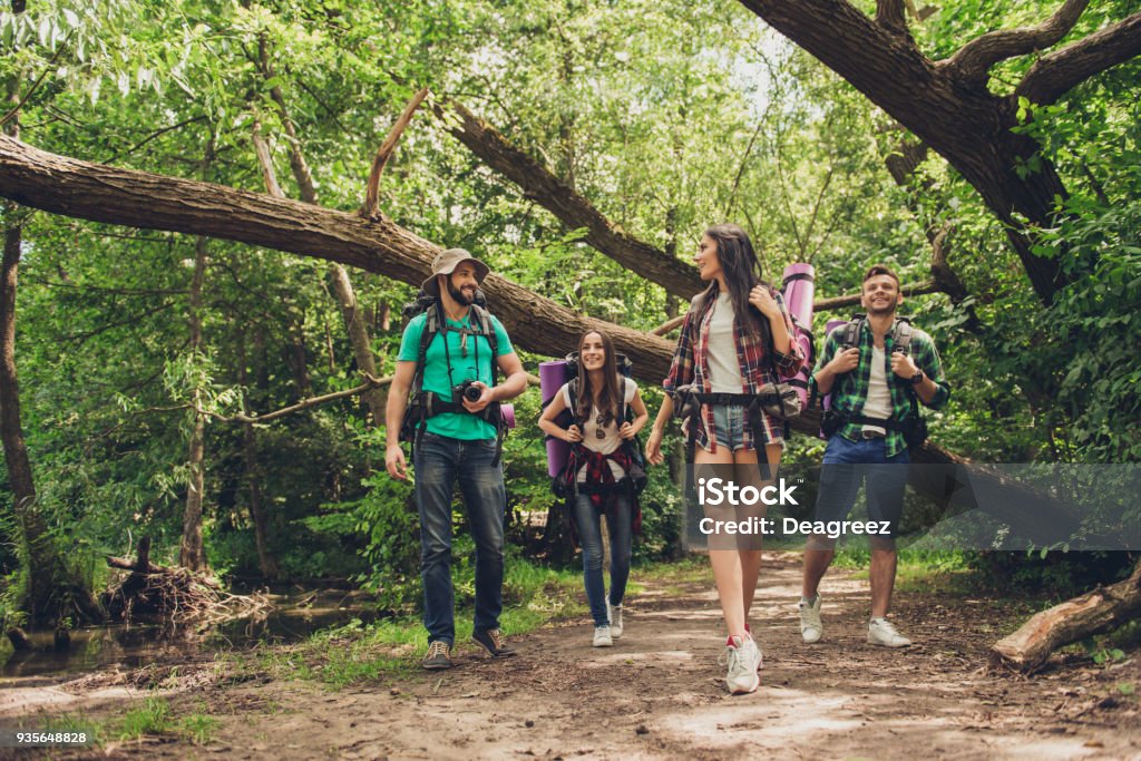 Trekking, camping y concepto de vida silvestre. Dos parejas de amigos están caminando por el bosque de la primavera soleada, hablando y riendo, todos son trochas de la selva emocionado y ansioso, - Foto de stock de Excursionismo libre de derechos