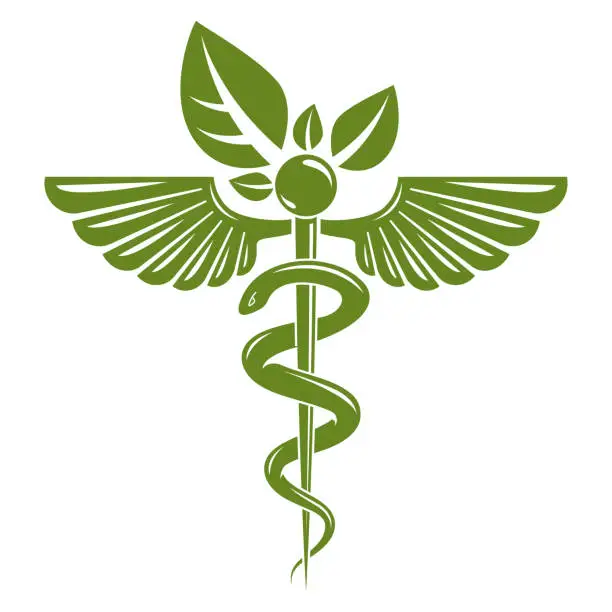 Vector illustration of Caduceus symbol composed with poisonous snakes and bird wings, healthcare conceptual vector illustration. Alternative medicine theme.