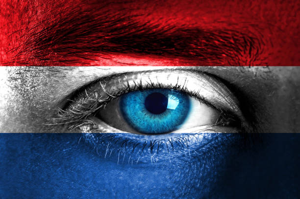 istock Human face painted with flag of Netherlands 935658644
