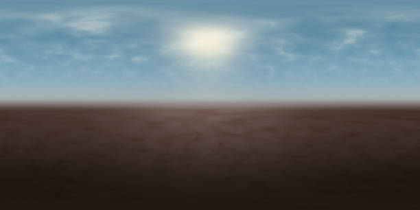 high resolution environmental 360 degree HDRI map, spherical panorama, 3d illustration background, 8k, for equirectangular projection (misty blue sky with bright sun over brown ground)