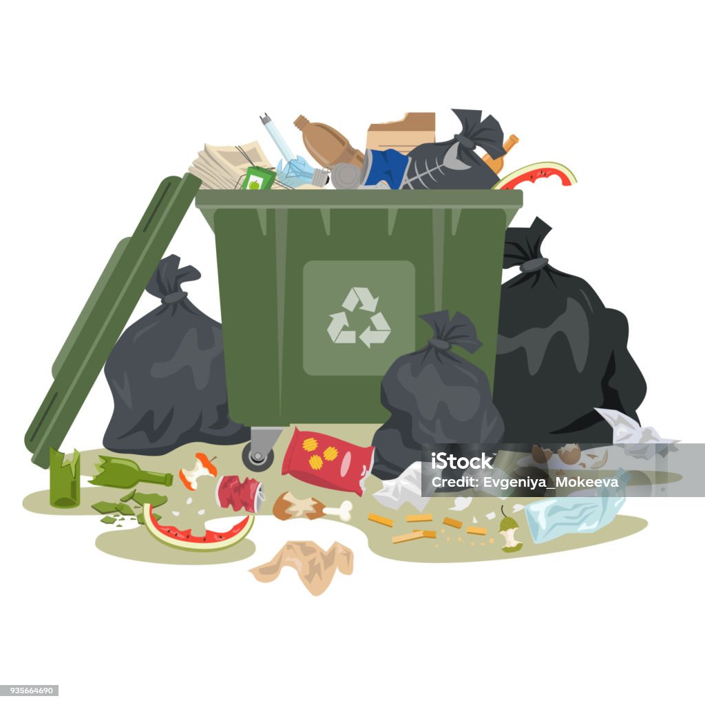 Garbage bin full of trash on white background. Garbage bin full of trash on white background. Ecology and recycle concept. Vector illustration. Garbage stock vector