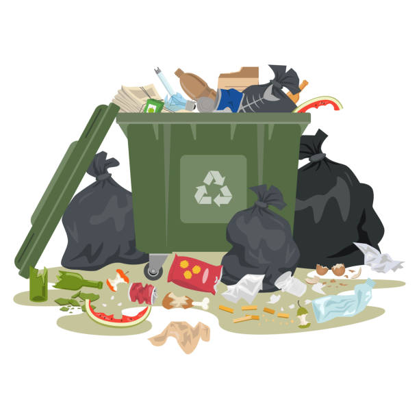 Garbage bin full of trash on white background. Garbage bin full of trash on white background. Ecology and recycle concept. Vector illustration. garbage dump stock illustrations