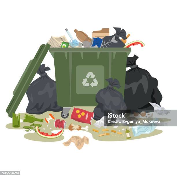 Garbage Bin Full Of Trash On White Background Stock Illustration - Download Image Now - Garbage, Garbage Dump, Food