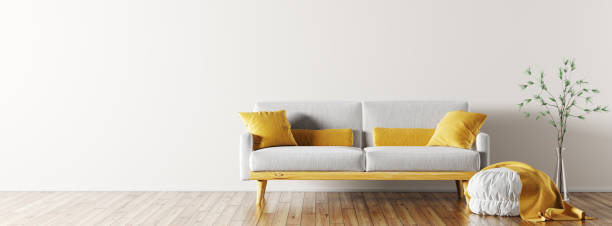 Interior of living room with sofa panorama 3d rendering