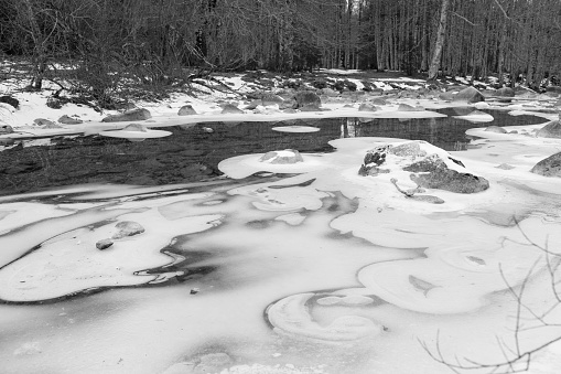 frozen river in Ordesa national park of Spain, black and white photography, big size