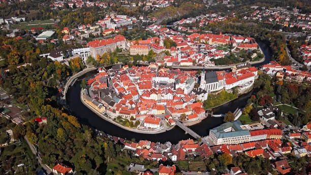 로프, 체코의 보헤미안 남쪽의 공중 파노라마 - czech republic cesky krumlov village tourist 뉴스 사진 이미지