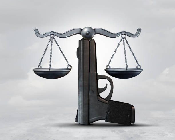 Gun Law Gun law and weapon legislation concept as a handgun shaped as a justice scale as a legal rights idea as a 3D illustration. gun control photos stock pictures, royalty-free photos & images