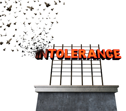 Intolerance and bigotry idea as a sign transforming to flying birds as a surreal metaphor for fighting against racism and hatred for others that are different with 3D illustration elements.