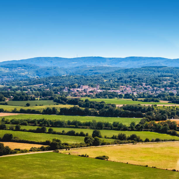 夏のフランス語アイン青々 とした葉の田園地帯の真ん中に ambronay 村の空撮 - clear sky village landscape landscaped ストックフォトと画像