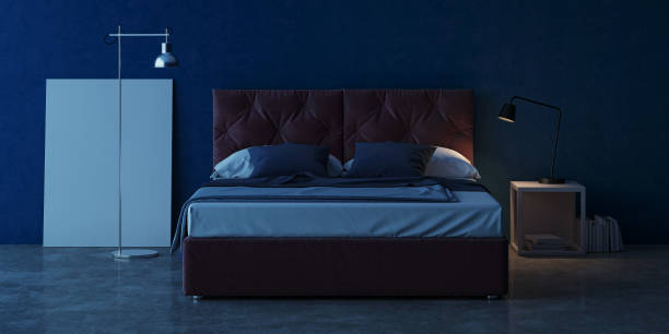istock Interior design of the bedroom with blue walls. Evening lighting. Night. 3D rendering. 935678192