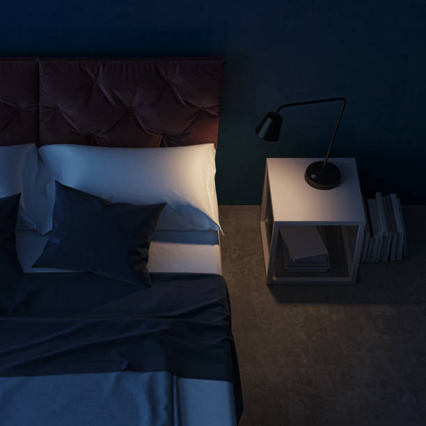istock Interior design of the bedroom with blue walls. Evening lighting. Night. 3D rendering. 935678212