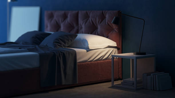 istock Interior design of the bedroom with blue walls. Evening lighting. Night. 3D rendering. 935678216