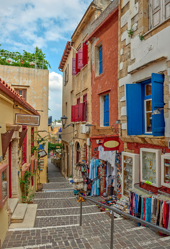 Street with souvenir shops in old town Chania, Crete island, Greece