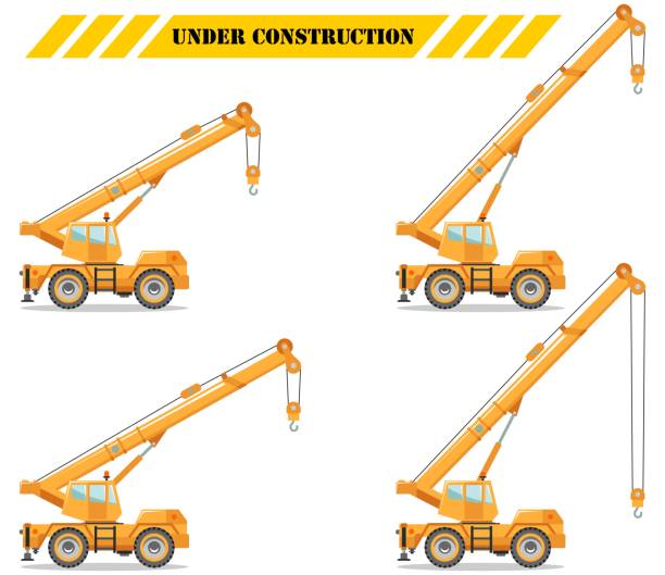 ilustrações de stock, clip art, desenhos animados e ícones de building crane truck with different boom position. heavy equipment and machinery. construction machine. vector illustration. - auto mobile