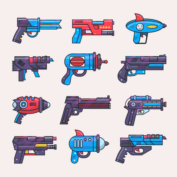 ilustraciones, imágenes clip art, dibujos animados e iconos de stock de dibujos animados pistola vector blaster de juguete para juego de niños con pistola futurista y raygun de extranjeros en el conjunto de ilustración de espacio de niño pistolas y armas láser aislado sobre fondo blanco - toy gun