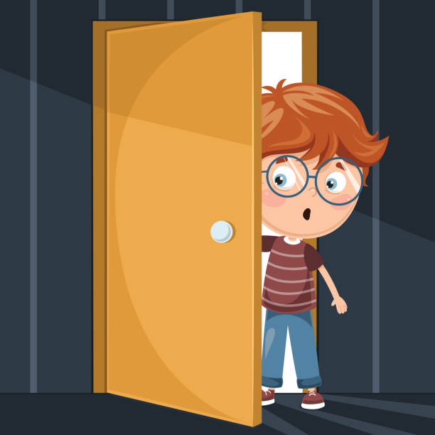 ilustrações de stock, clip art, desenhos animados e ícones de vector illustration of kid entering dark room - bed child fear furniture