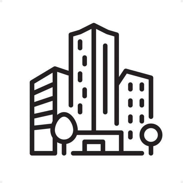 ilustraciones, imágenes clip art, dibujos animados e iconos de stock de edificio de oficinas - icono de contorno - pixel perfect - bloque de oficinas