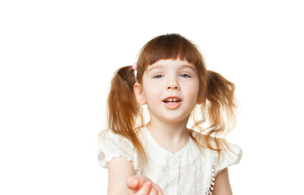istock Happy girl 4-5 years old on white background 935695548