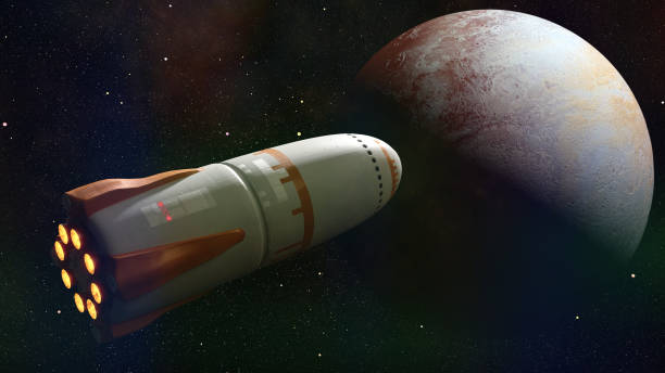 istock futuristic rocket in orbit of dwarf planet Pluto, space ship mission to the outer solar system (3d science fiction illustration) 935698628