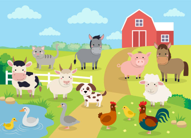 zwierzęta gospodarskie z krajobrazem - urocza ilustracja wektorowa z kreskówek z farmą, krową, świnią, koniem, kozą, owcami, kaczkami, kurą, kurczakiem i kogutem - gęś ptak ilustracje stock illustrations