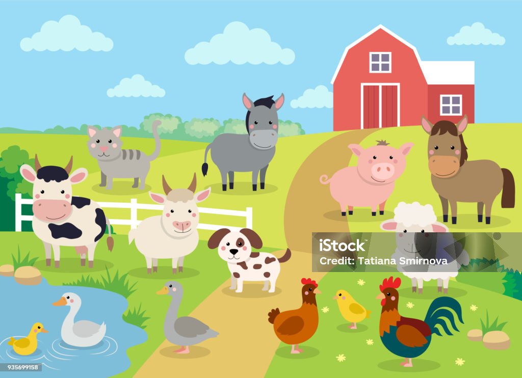 Animais da quinta com paisagem - ilustração em vetor bonito dos desenhos animados com fazenda, vaca, porco, cavalo, cabra, ovelha, patos, galinha, galinha e galo - Vetor de Fazenda royalty-free