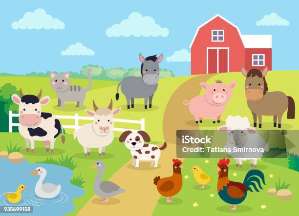 Farm Animals With Landscape Cute Cartoon Vector Illustration With Farm Cow Pig Horse Goat Sheep Ducks Hen Chicken And Rooster Stock Illustration - Download Image Now