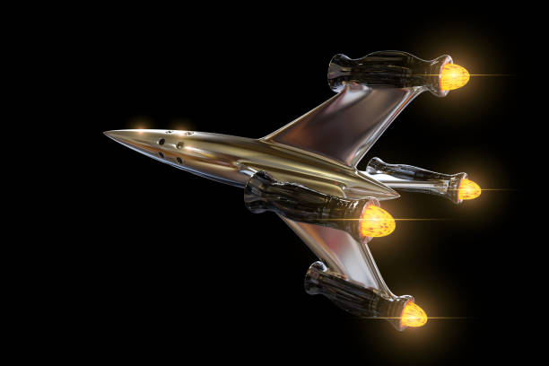 istock spaceship, beautiful and shiny starship fliyng into outer space (3d render isolated on black background) 935699260