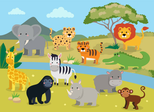 illustrations, cliparts, dessins animés et icônes de des animaux sauvages avec paysage - cute cartoon illustration vectorielle de crocodile, rhinocéros, éléphant, girafe, léopard, tigre, zèbre, singe, lion, hippopotame, singe - savane africaine