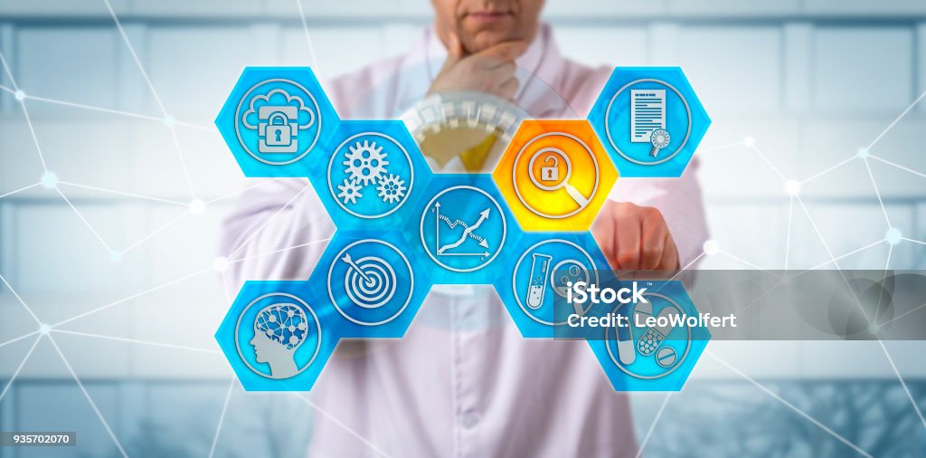 Clinician Pondering Data Integrity Risk In GMP Unrecognizable clinician pondering a data integrity risk, while safeguarding drug quality. Pharma concept for laboratory automation, increased regulatory scrutiny, vulnerability, GMP compliance. Practicing Stock Photo