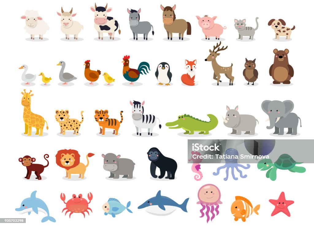 귀여운 동물 컬렉션: 농장 동물, 야생 동물, 마리나 동물 흰색 배경에 고립. 벡터 일러스트 레이 션 디자인 서식 파일 - 로열티 프리 만화 벡터 아트